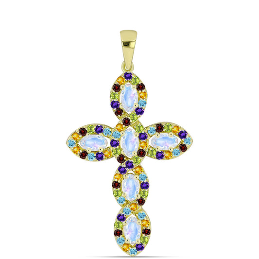 Goldplattierter Silberanhänger mit Regenbogenmondstein und marokkanischem Amethyst