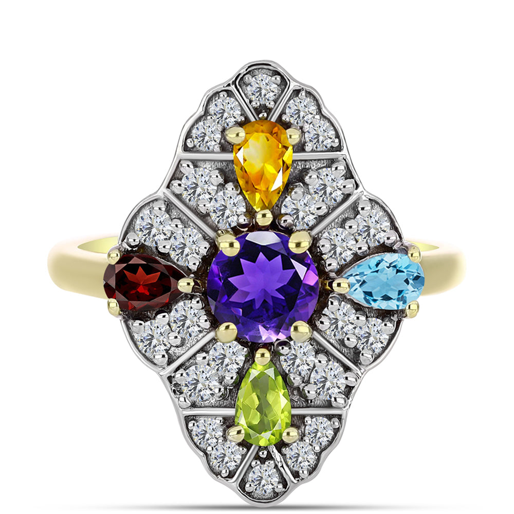 Goldplattierter Silberring mit marokkanischem Amethyst und Zitrin aus dem Ural