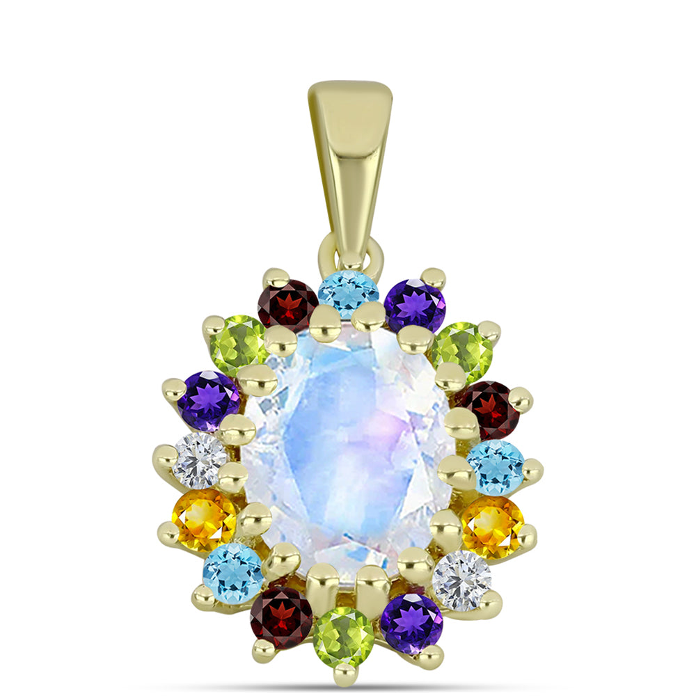 Goldplattierter Silberanhänger mit Regenbogenmondstein und marokkanischem Amethyst