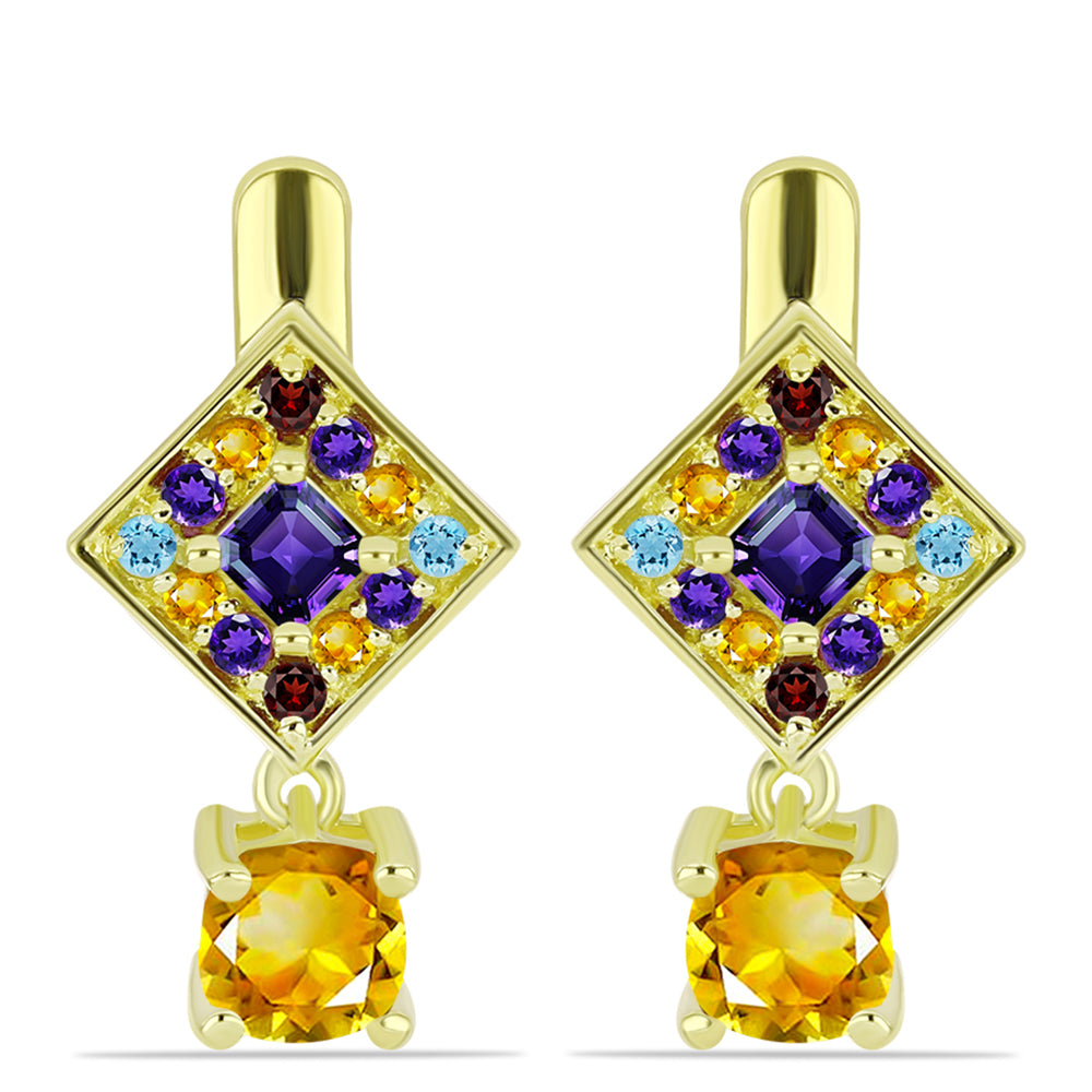 Goldplattierte Silberohrringe mit Zitrin aus dem Ural und marokkanischem Amethyst