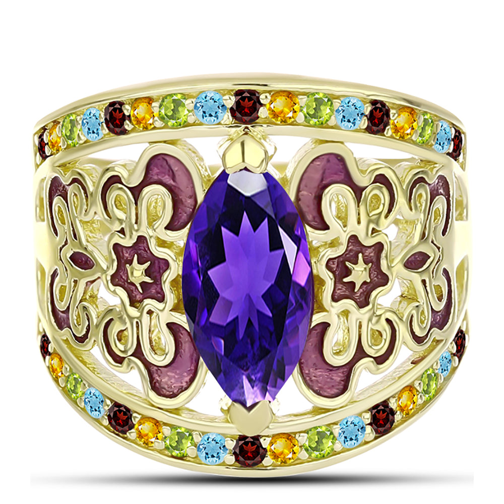 Goldplattierter Silberring mit marokkanischem Amethyst und Zitrin aus dem Ural