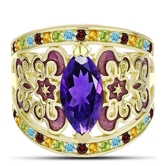 Goldplattierter Silberring mit marokkanischem Amethyst und Zitrin aus dem Ural