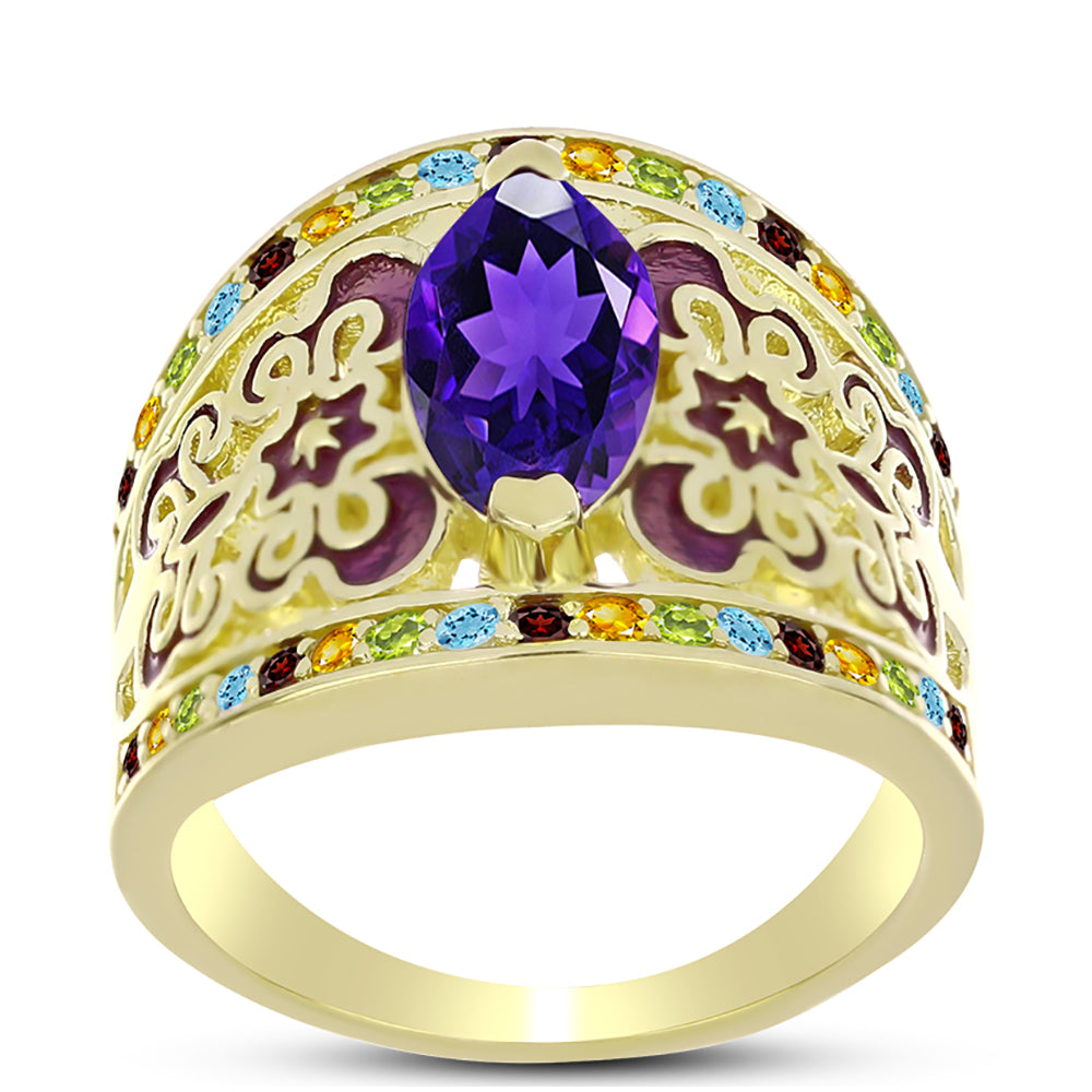 Goldplattierter Silberring mit marokkanischem Amethyst und Zitrin aus dem Ural 3 
