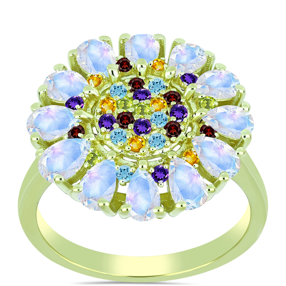 Goldplattierter Silberring mit Regenbogenmondstein und marokkanischem Amethyst