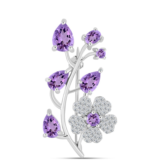 Silberbrosche mit Rose De France Amethyst und weißem Topas