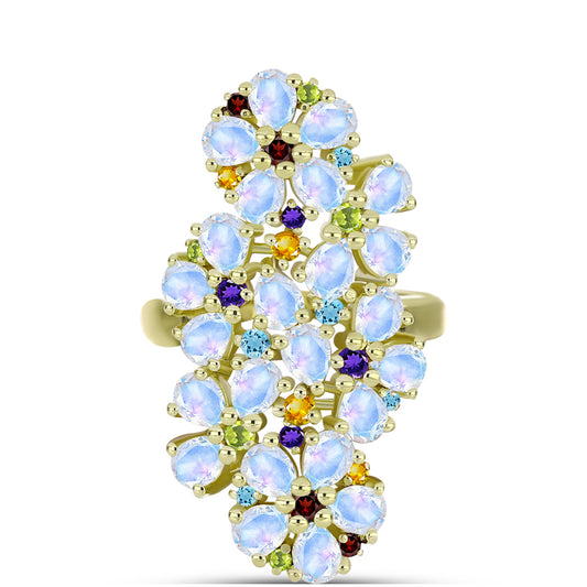Goldplattierter Silberring mit Regenbogenmondstein und marokkanischem Amethyst