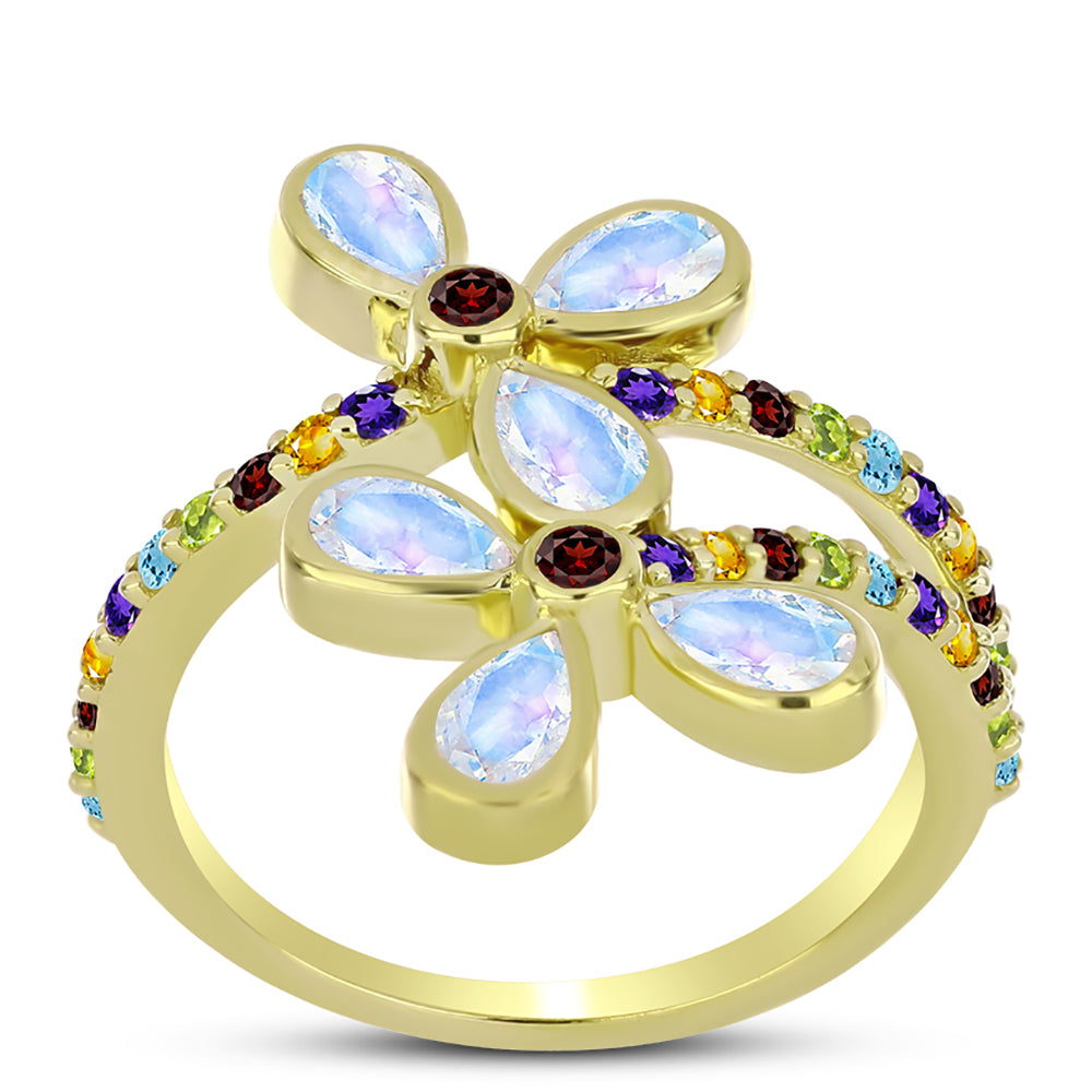 Goldplattierter Silberring mit Regenbogenmondstein und Barton Granat 3 