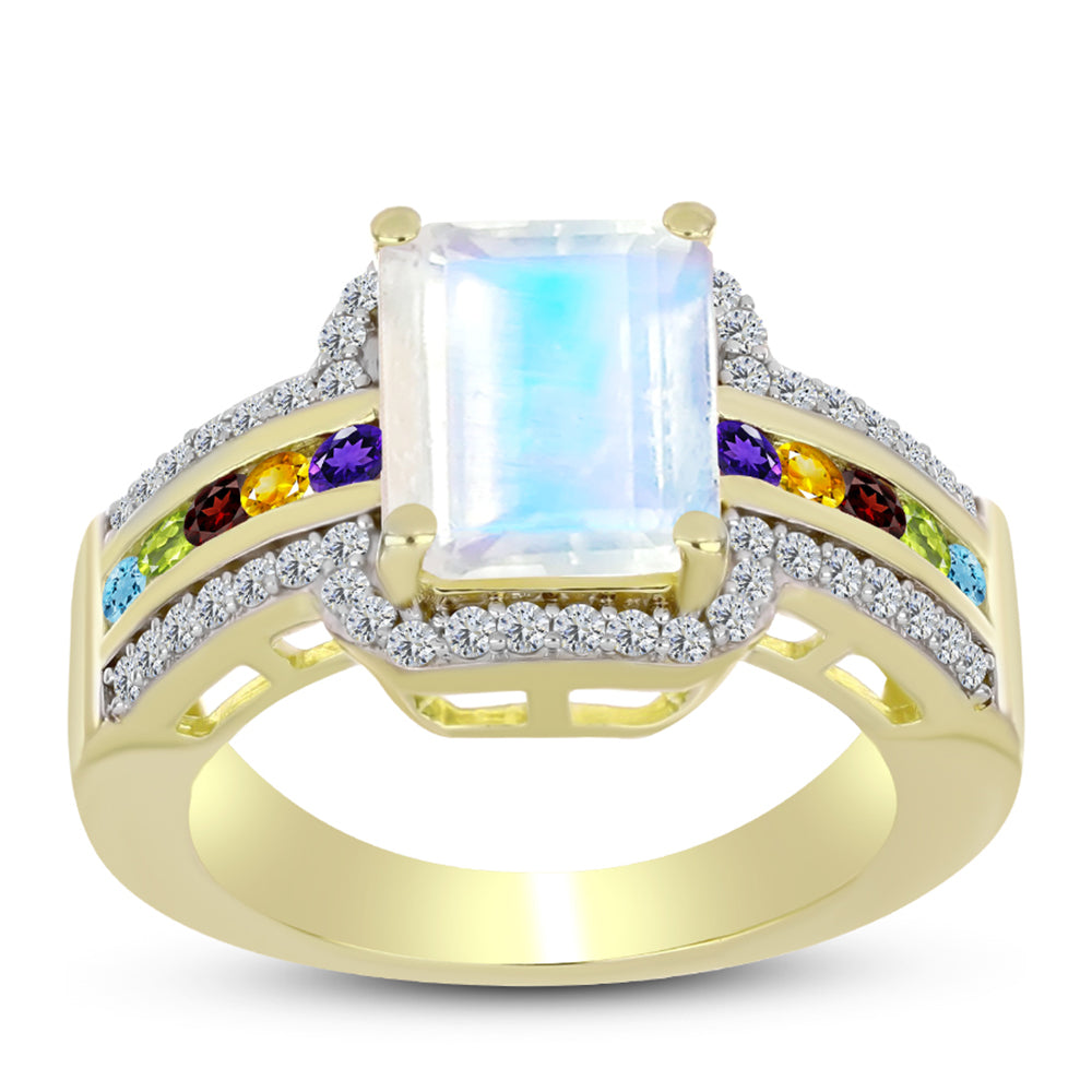 Goldplattierter Silberring mit Regenbogenmondstein und marokkanischem Amethyst
