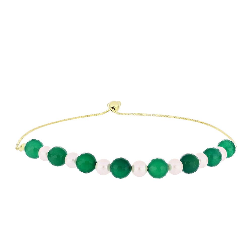 Goldplattiertes Silberarmband mit grünem Achat und weißer Süßwasserperle