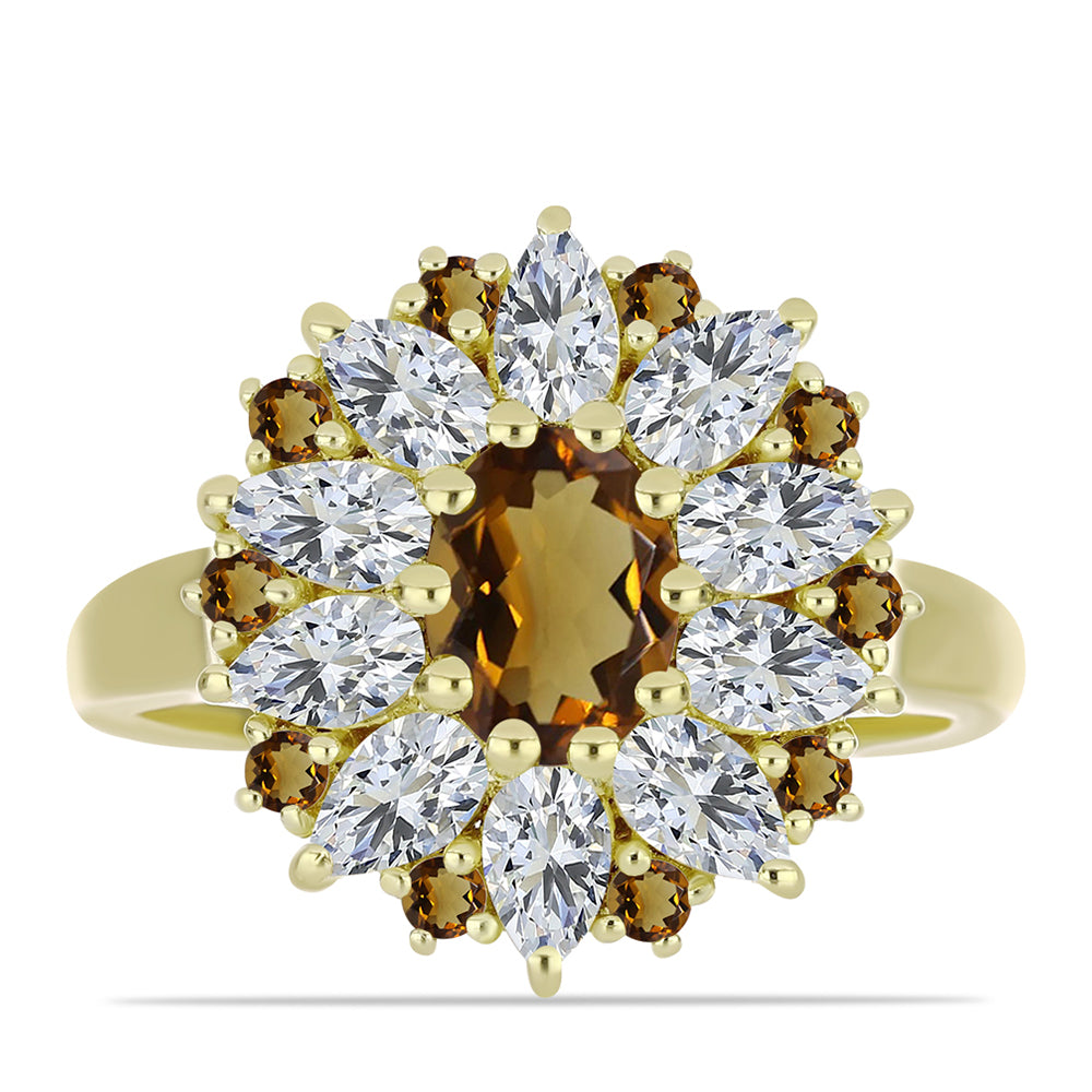 Goldplattierter Silberring mit Cognac-Quarz und weißem Topas