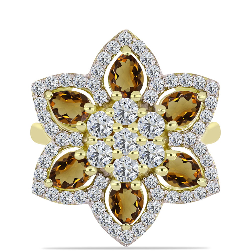 Goldplattierter Silberring mit Cognac-Quarz und weißem Topas
