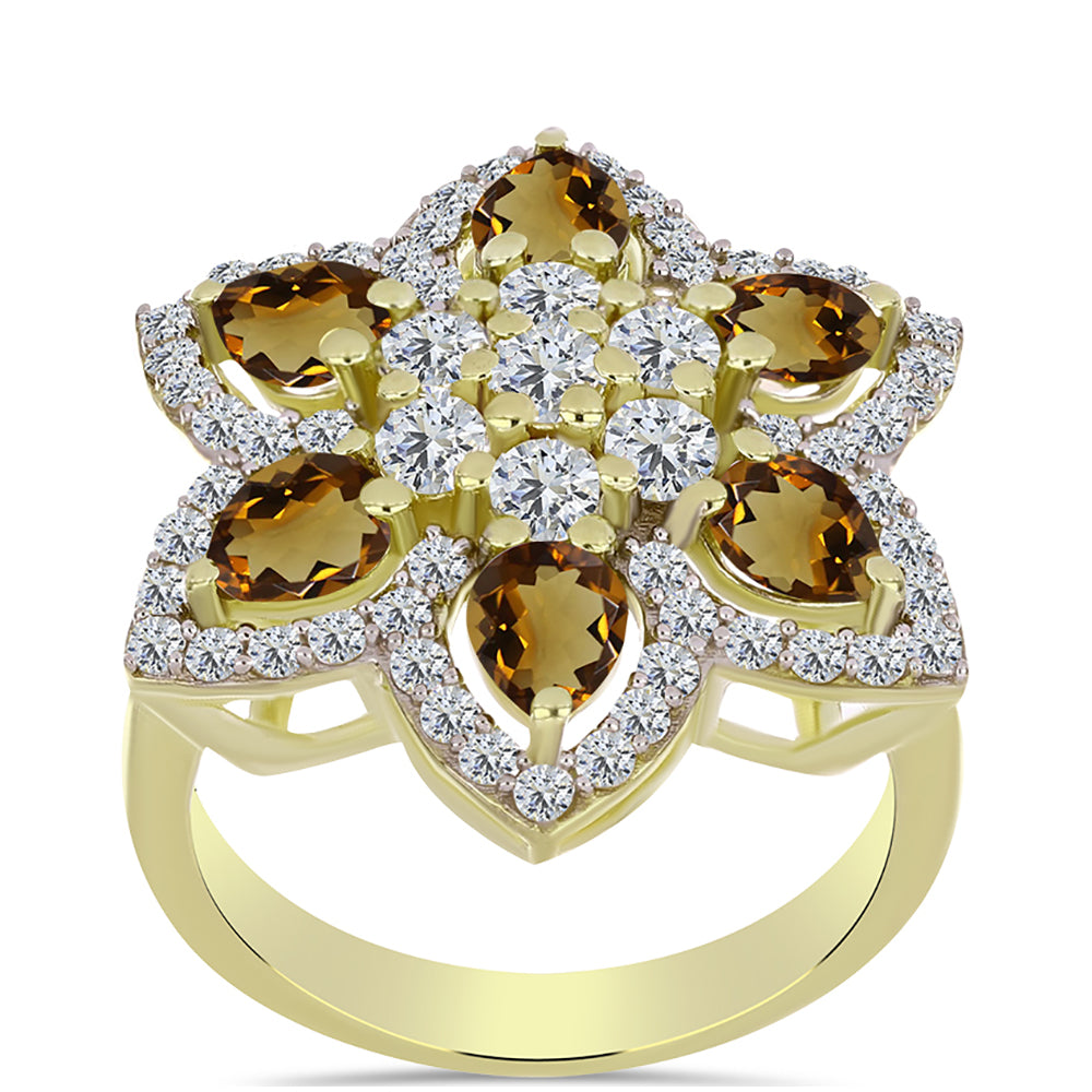 Goldplattierter Silberring mit Cognac-Quarz und weißem Topas