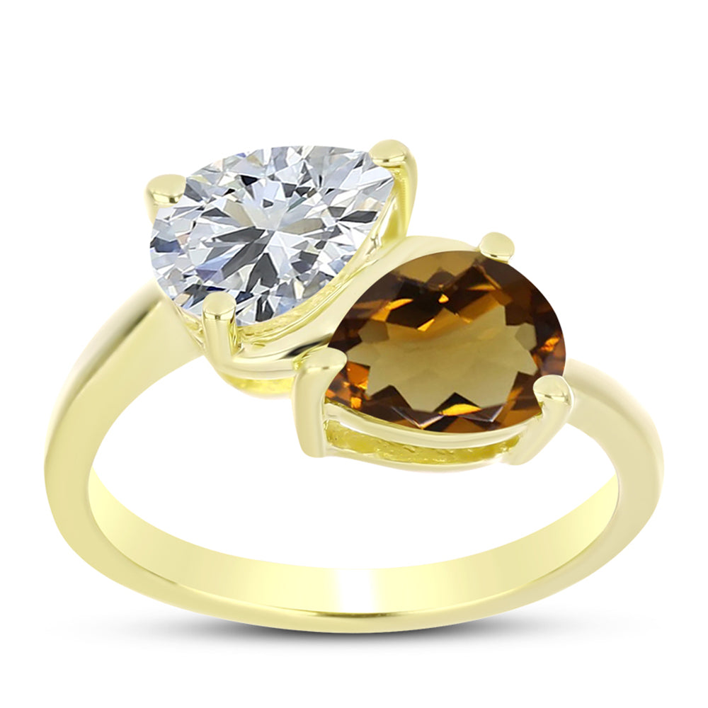 Goldplattierter Silberring mit Cognac-Quarz und weißem Topas