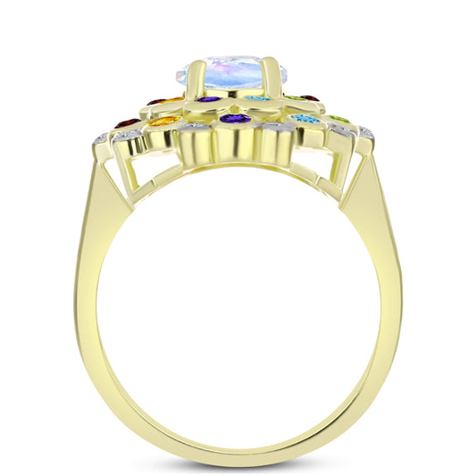 Goldplattierter Silberring mit Regenbogenmondstein und marokkanischem Amethyst