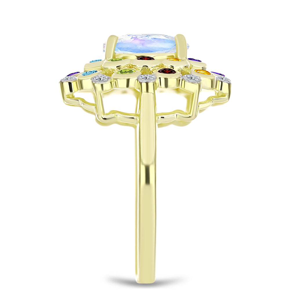 Goldplattierter Silberring mit Regenbogenmondstein und marokkanischem Amethyst