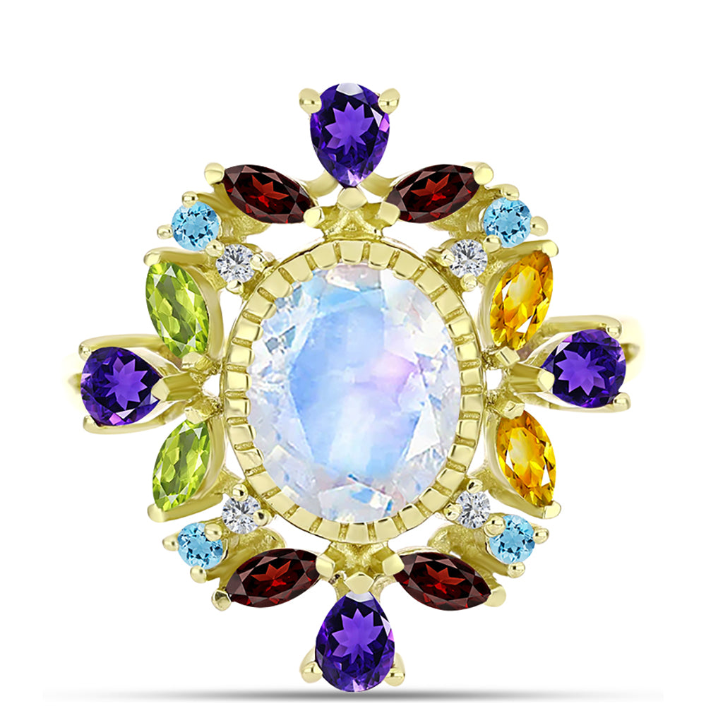 Goldplattierter Silberring mit Regenbogenmondstein und marokkanischem Amethyst