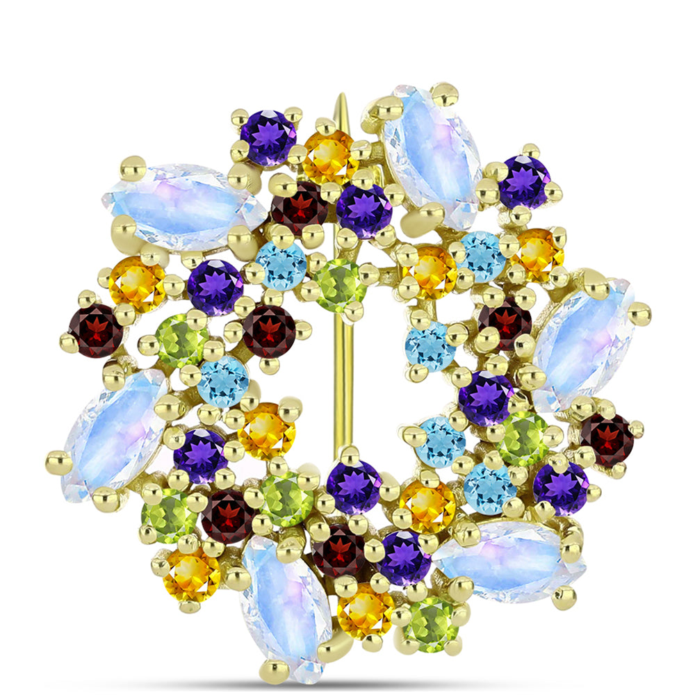 Goldplattierte Silberbrosche mit Regenbogenmondstein und marokkanischem Amethyst
