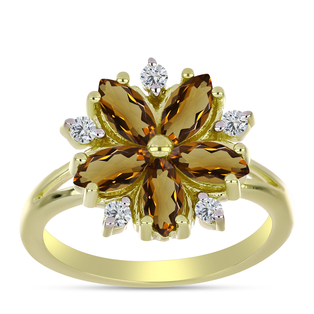 Goldplattierter Silberring mit Cognac-Quarz und weißem Topas