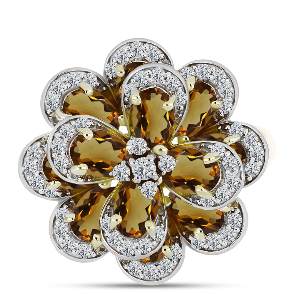 Goldplattierter Silberring mit Cognac-Quarz und weißem Topas