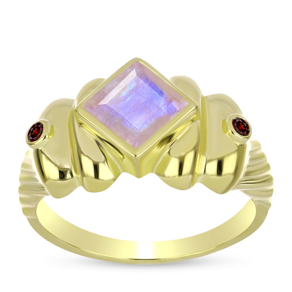 Goldplattierter Silberring mit Regenbogenmondstein und Barton Granat