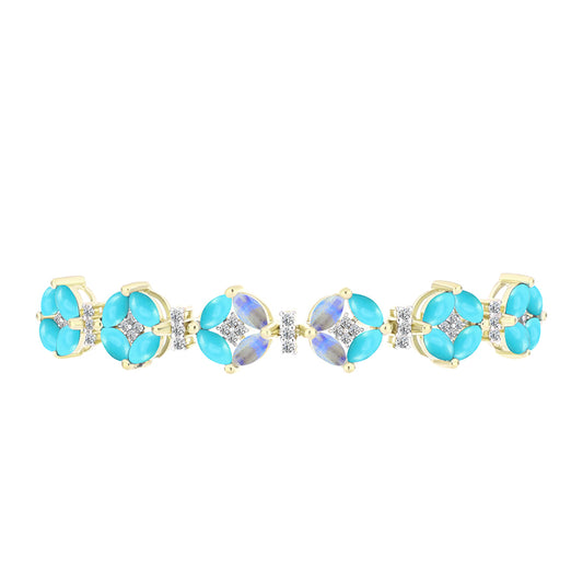 Goldplattiertes Silberarmband mit Dornröschen Türkis und Regenbogenmondstein