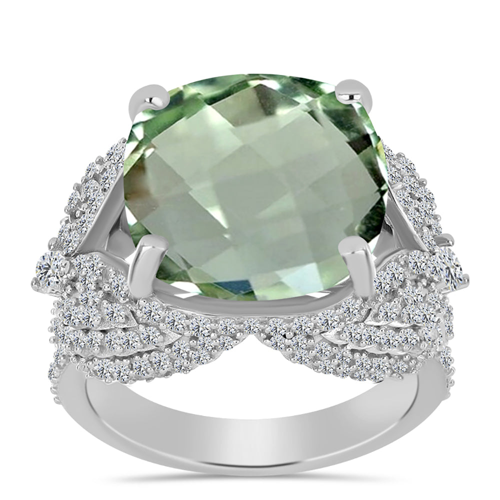 Silberring mit grünem Amethyst und weißem Topas