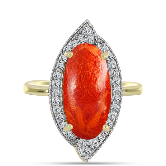 Goldplattierter Silberring mit roter Schwammkoralle und weißem Topas