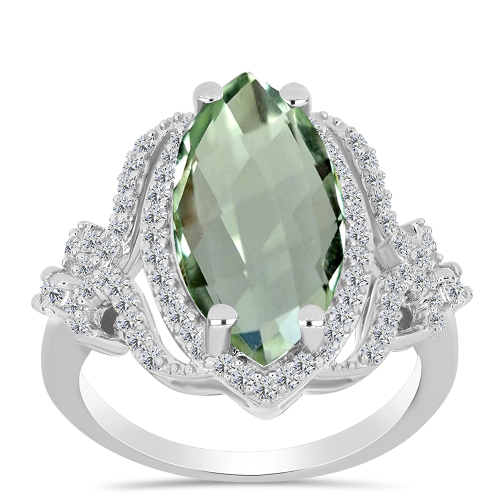 Silberring mit grünem Amethyst und weißem Topas