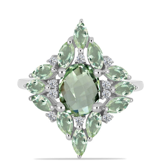 Silberring mit grünem Amethyst und weißem Topas