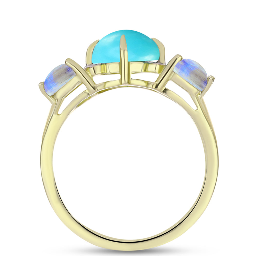 Goldplattierter Silberring mit Dornröschen Türkis und Regenbogenmondstein 2 