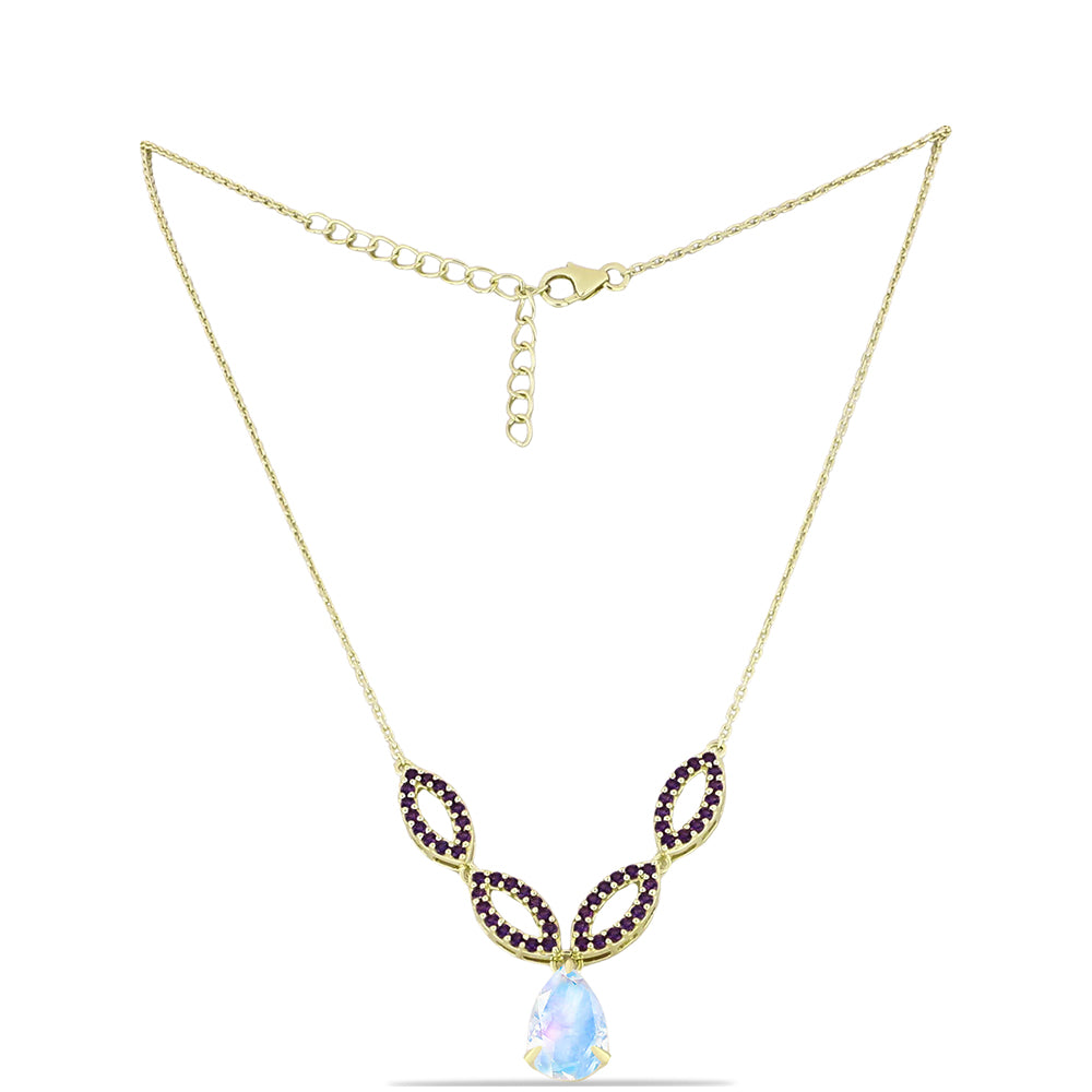 Goldplattierte Silberhalskette mit Regenbogenmondstein und marokkanischem Amethyst