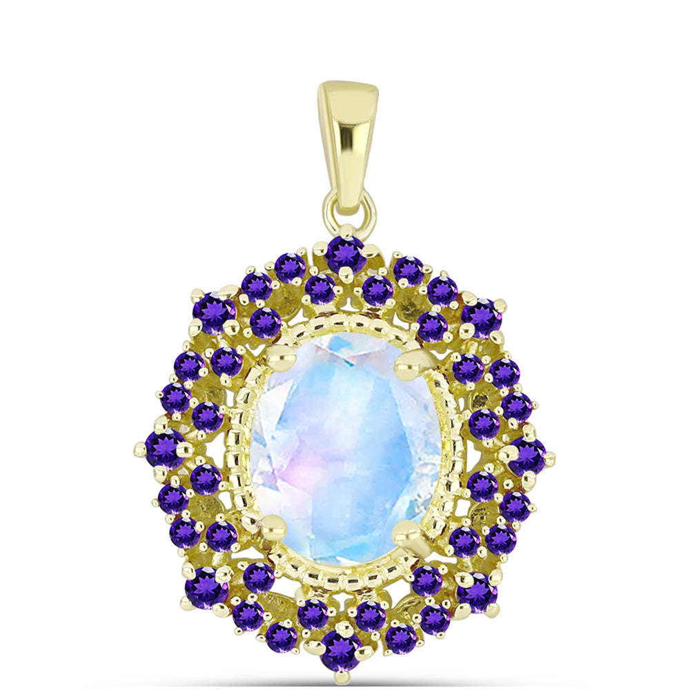 Goldplattierter Silberanhänger mit Regenbogenmondstein und marokkanischem Amethyst 1 