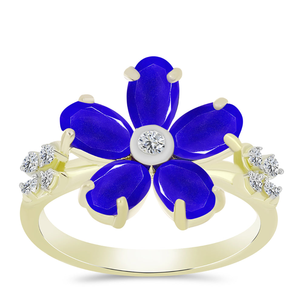 Goldplattierter Silberring mit blauem Achat und weißem Topas