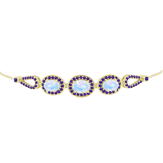 Goldplattiertes Silberarmband mit Regenbogenmondstein und marokkanischem Amethyst