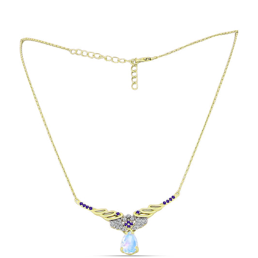 Goldplattierte Silberhalskette mit Regenbogenmondstein und marokkanischem Amethyst