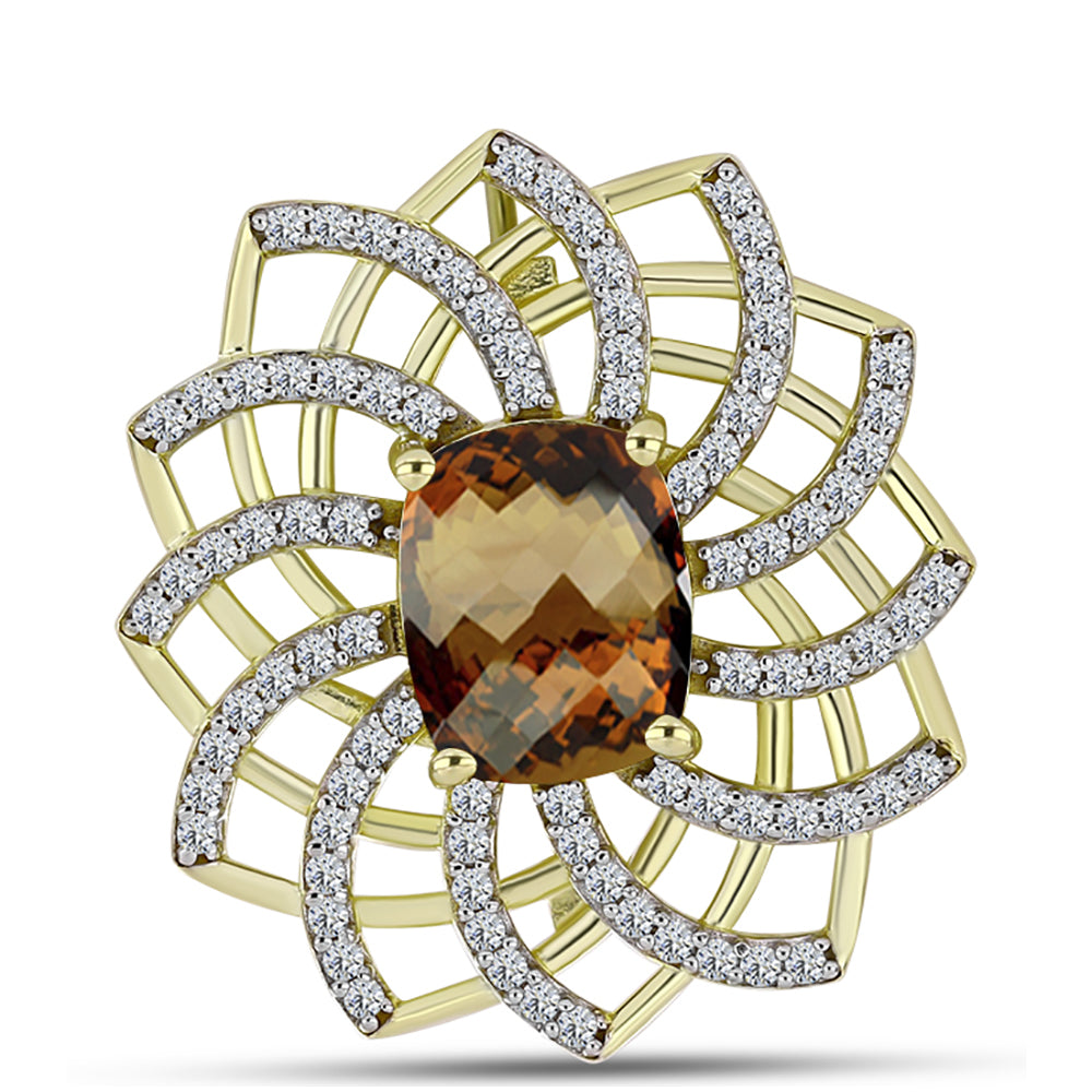 Goldplattierte Silberbrosche mit Cognac-Quarz und weißem Topas