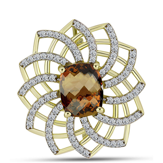 Goldplattierte Silberbrosche mit Cognac-Quarz und weißem Topas