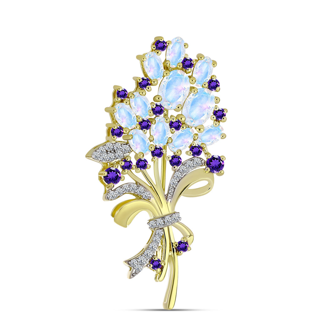 Goldplattierte Silberbrosche mit Regenbogenmondstein und marokkanischem Amethyst 1 