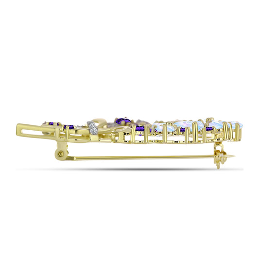 Goldplattierte Silberbrosche mit Regenbogenmondstein und marokkanischem Amethyst