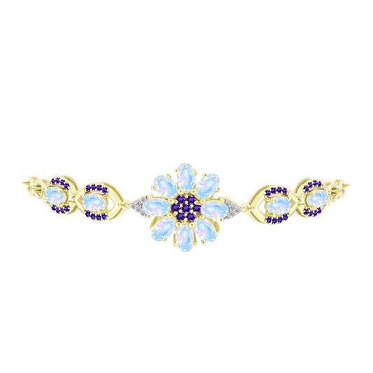 Goldplattiertes Silberarmband mit Regenbogenmondstein und marokkanischem Amethyst