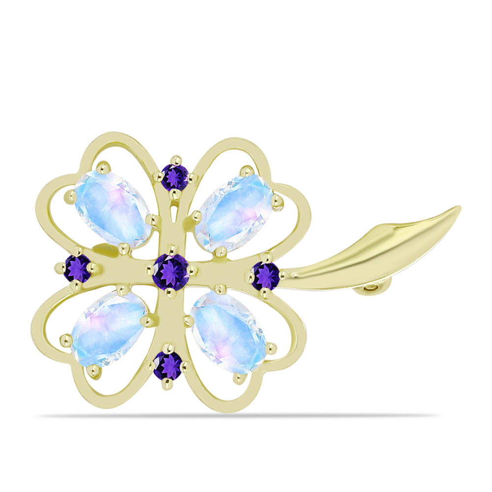 Goldplattierte Silberbrosche mit Regenbogenmondstein und marokkanischem Amethyst