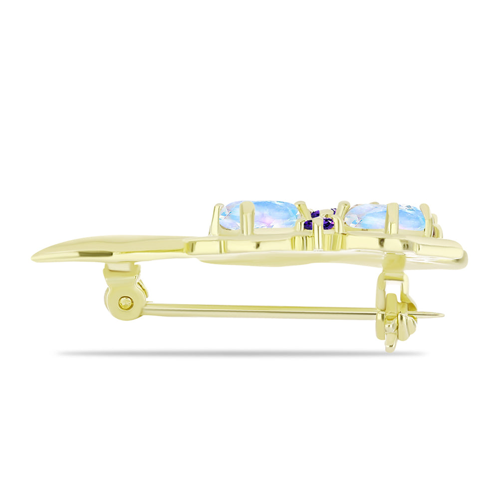 Goldplattierte Silberbrosche mit Regenbogenmondstein und marokkanischem Amethyst