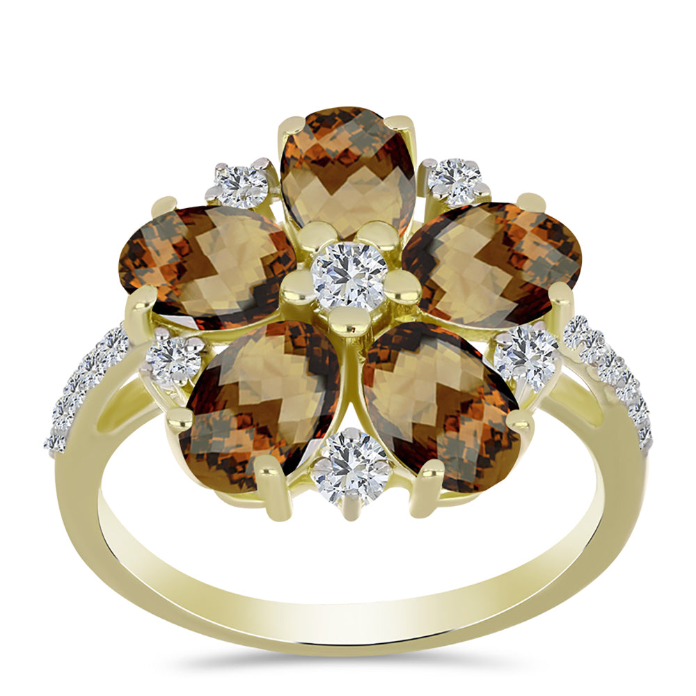 Goldplattierter Silberring mit Cognac-Quarz und weißem Topas