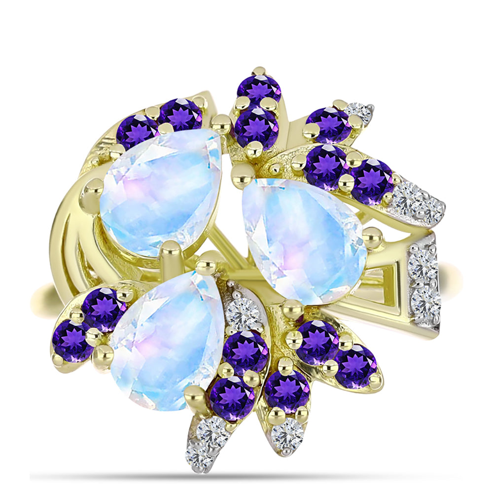 Goldplattierter Silberring mit Regenbogenmondstein und marokkanischem Amethyst
