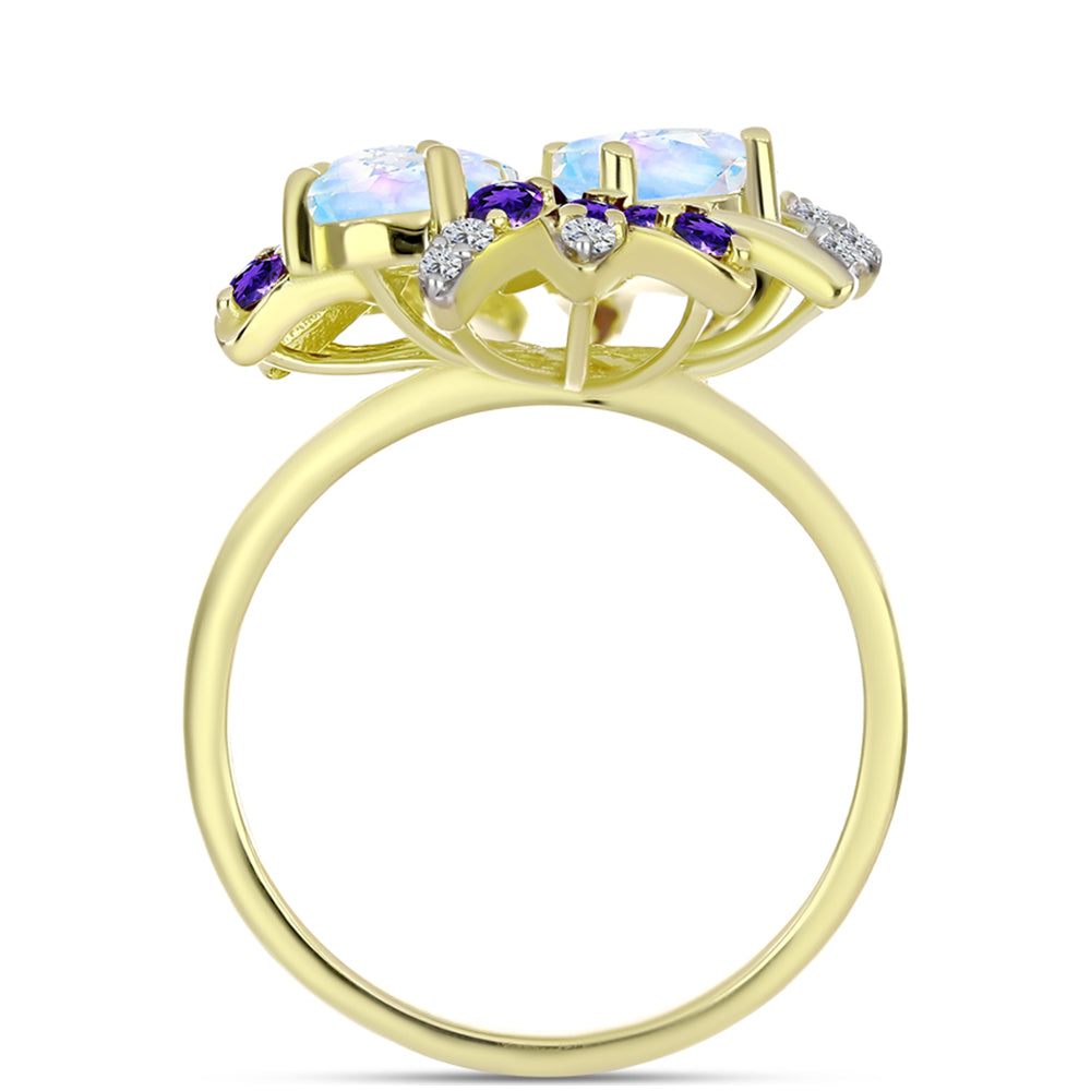 Goldplattierter Silberring mit Regenbogenmondstein und marokkanischem Amethyst 2 