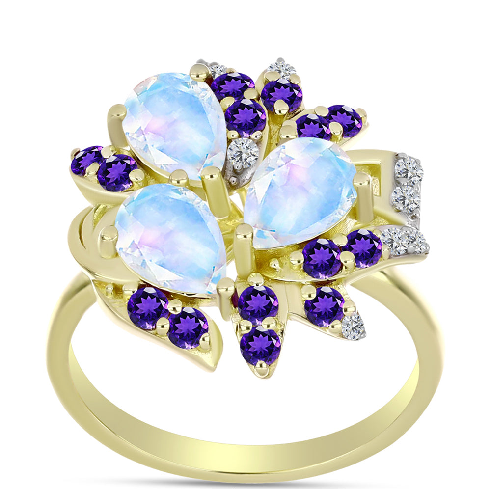 Goldplattierter Silberring mit Regenbogenmondstein und marokkanischem Amethyst
