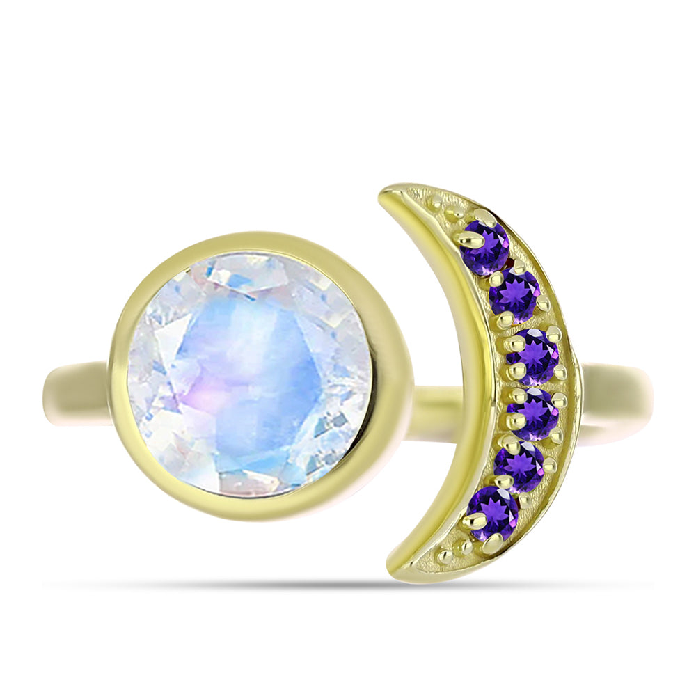 Goldplattierter Silberring mit Regenbogenmondstein und marokkanischem Amethyst