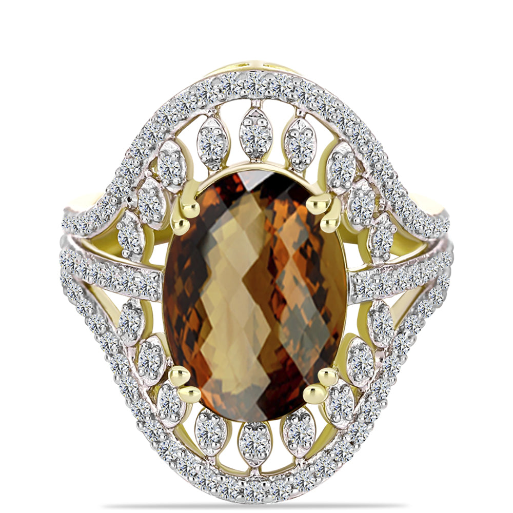 Goldplattierter Silberring mit Cognac-Quarz und weißem Topas