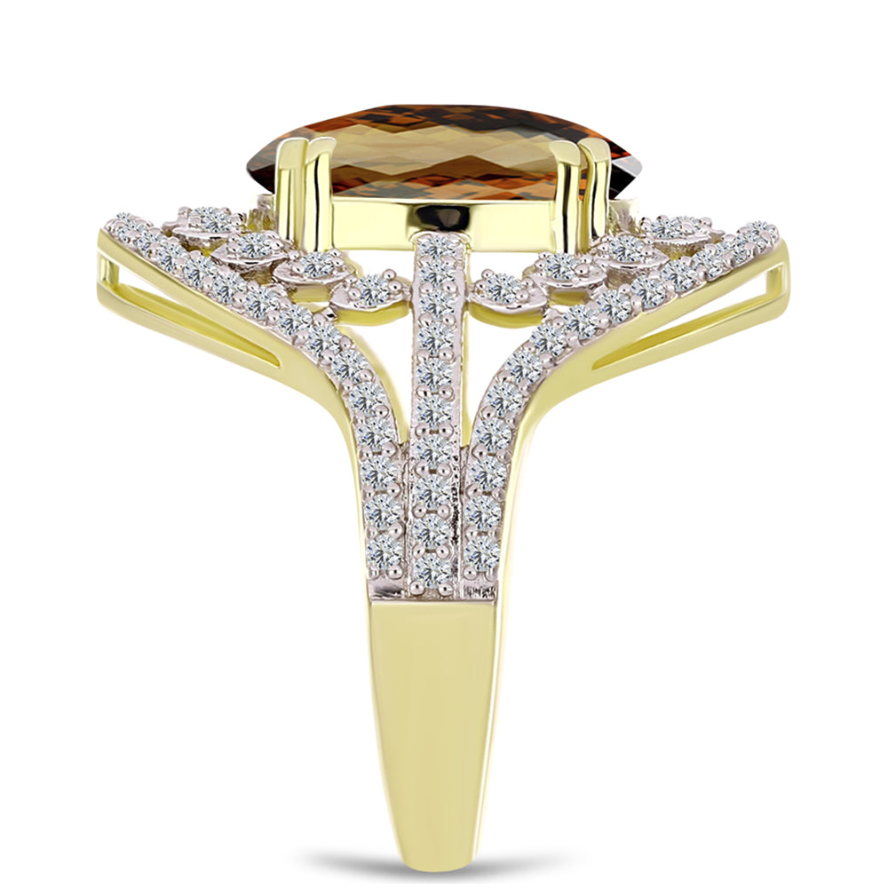 Goldplattierter Silberring mit Cognac-Quarz und weißem Topas