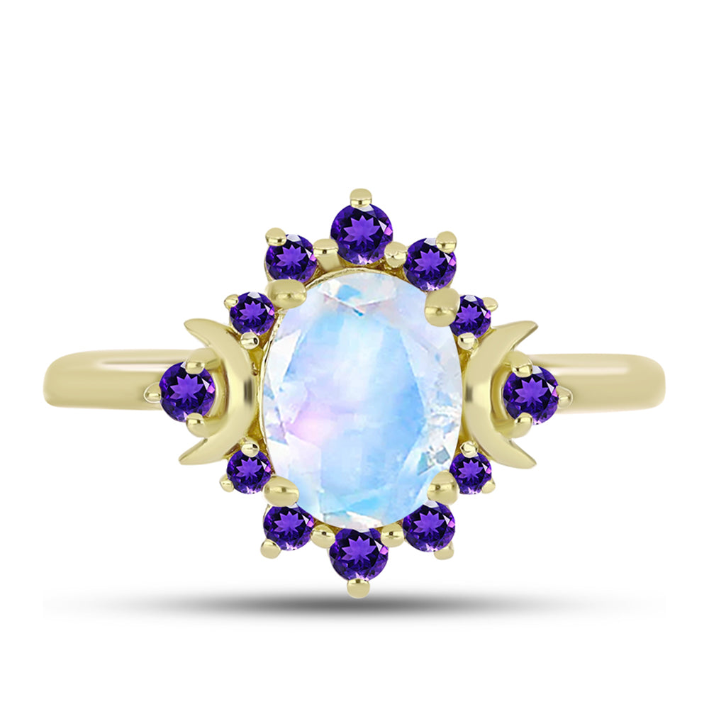 Goldplattierter Silberring mit Regenbogenmondstein und marokkanischem Amethyst 1 